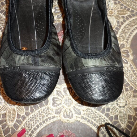 Prada Green/Black Camo Print Elastic Canvas/Leather Ballet Flats Size 7 - Picture 11 of 16
